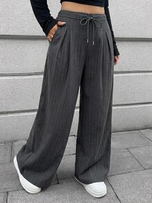 Dazy Plus Striped Loose Straight Leg Drawstring Decor Long Casual Business Plus Size Women's Suit Pants - Grey - View 4