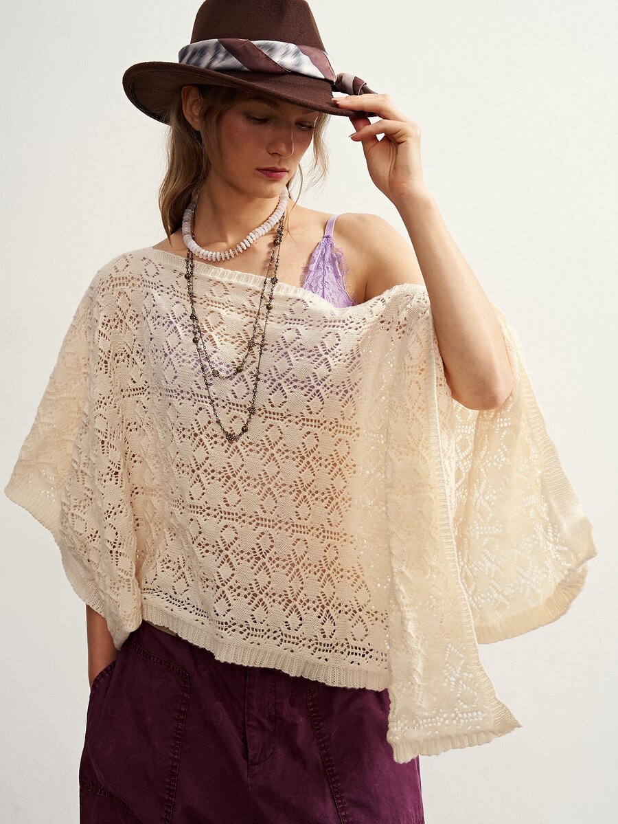 Bohemela Women's Solid Color Hollow Design Loose Fashion Cape Sweater - Apricot - View 1