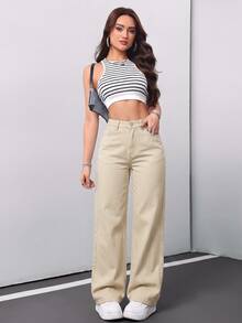 SHEIN Tall CURVE 大尺碼女款白色寬腿牛仔褲，夏季絲滑休閒日常高腰牛仔褲，寬鬆復古度假機場夜店風 - 杏色 - 查看 9