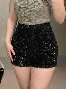 Dazy Plus Quần short đen đính sequin dày dặn đa năng cho tiệc và hẹn hò, mẫu mới thu/đông - màu đen - Xem 6