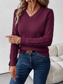 SHEIN Clasi 女款V領長袖針織衫，秋冬長袖上衣 - 中紫紅色 - 查看 6