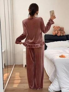 Napfluff Setelan Piyama Wanita Gaya Kerajaan Vintage Bahan Beludru dengan Bordir Renda Lengan Panjang dan Celana Panjang, 2 Potong - Dusty Pink - View 2