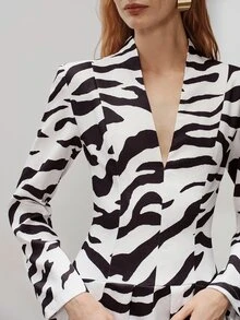 Aveloria Modichic Women's Dress Wide Shoulder Cinched Waist A-Line Deep V-Neck Long Sleeve Ruched Elegant White And Black Zebra Print Long Party Brunch Dinner Day Fall - Multicolor - View 4