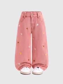 SHEIN 女童時尚可愛街頭風愛心刺繡寬鬆直筒牛仔長褲 - 粉色 - 查看 3
