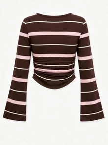 Young Girls 4-7Y Y2K Striped Bow Print Top, Flare Long Sleeve Ruched Slim Tee Shirt Fall Winter New In For Daily Casual Birthday Party Outing - Brown - View 2