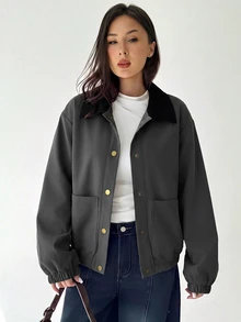 Aloruh 女款素色長袖單排扣休閒夾克 - 灰色 - 查看 8