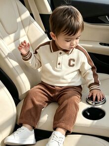 Genkimix Kids 小男孩棕色 2 件套，純色休閒翻領半拉鍊長袖上衣與長褲，適合外出、日常運動、秋季、學校 - 卡其色 - 查看 1