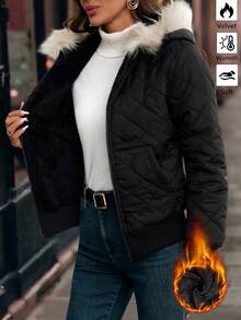SHEIN Clasi Hooded Padded Fleece Lined Padded Coat, Comfortable And Warm, Winter Coat - Black - View 3