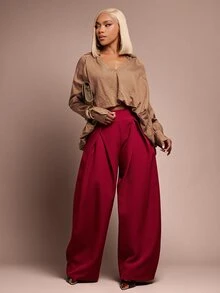 Vixey Women's Versatile Pleated Loose Long Pants For Daily Wear - Red - View 1
