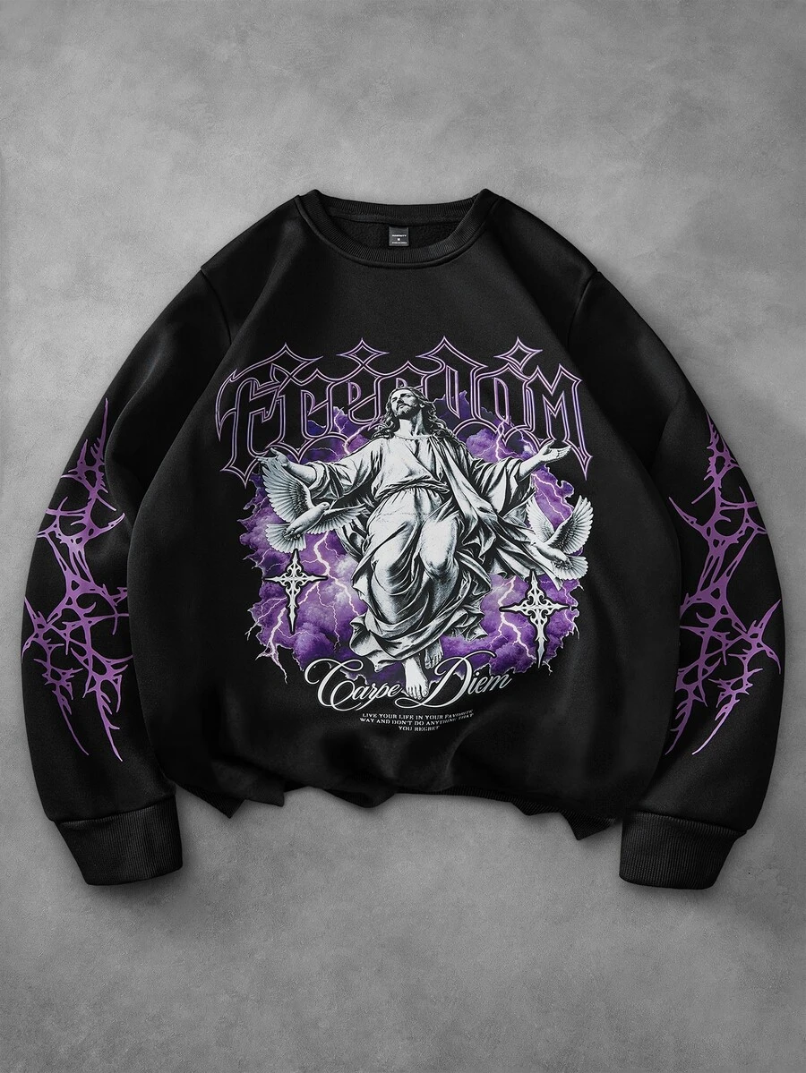 Manfinity Roghcode Men's Streetwear Hot-Selling Gothic Pattern Dark Graphic Pullover Sweatshirt, Boyfriend/Husband Anniversary Gift - Black - View 1