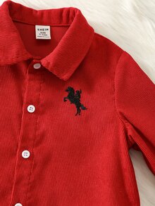SHEIN 嬰兒男孩嬰兒女孩秋冬款加厚休閒翻領長袖馬刺繡燈芯絨襯衫，適合聖誕節與新年 - 紅色 - 查看 5