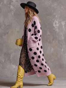 Solivie Women's Autumn/Winter Long Cardigan, Pink & Black Polka Dot Women Fall Winter Sweater Going Out Tops - Pink - View 3