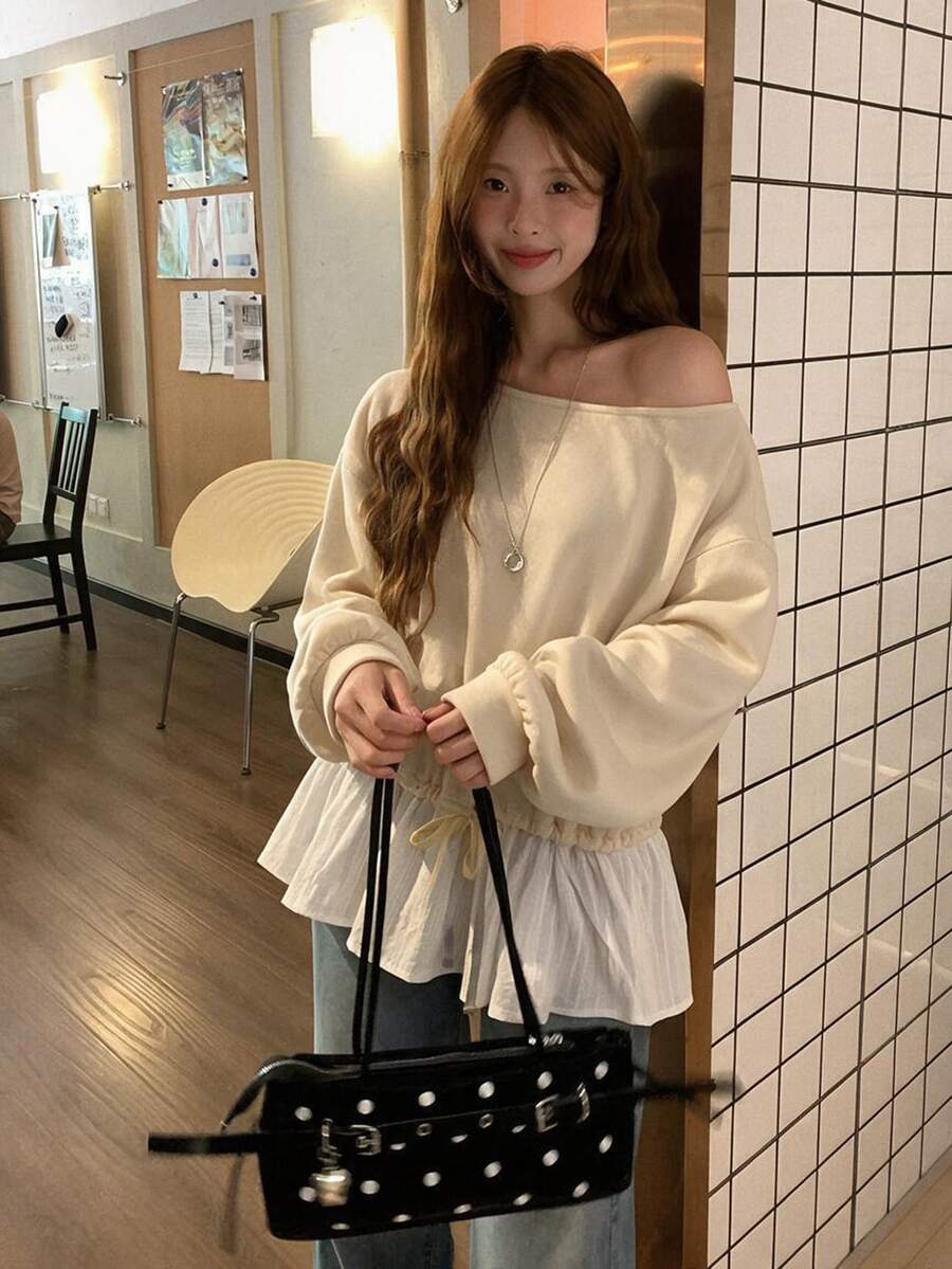 DAZY 女款韓式不對稱肩長袖運動衫 校園可愛上衣連帽衫 - 杏色 - 查看 1