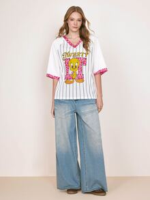 LOONEY TUNES X SHEIN Women's Striped Leopard Print Letter Graphic Raglan Short Sleeve T-Shirt - White - View 4