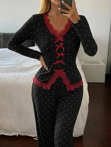 Dazy Plus Plus Size Women Polka Dot Lace Patchwork Top And Pants Casual Daily Home Sleepwear Set - Black - View 2