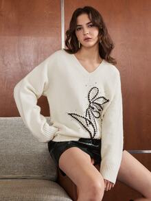 Anewsta Women's Light Color Rope Embroidery Rhinestone & Bead Decor Loose Comfortable Knit Top For Vacation And Outings - Apricot - View 4