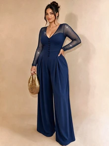 Cravure Plus Size Glitter Mesh Long Sleeve Jumpsuit, Elegant V‑Neck Wide Leg Knit Party Jumpsuit - Navy Blue - View 5
