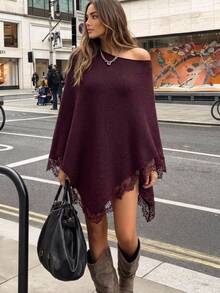 Aloruh Women's Autumn/Winter Loose Asymmetrical Shoulder Lace Patchwork Sweater - Burgundy - View 1