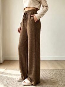 Louniche Celana Panjang Wanita Musim Panas Warna Kopi, Rajutan Benang Metalik, Tali Serut, Pinggang Elastis, Longgar, Panjang Hingga Lantai, Kaki Lebar - Coffee Brown - View 6