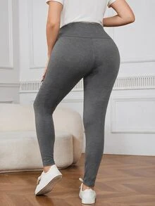 SHEIN LUNE 大尺碼女款休閒極簡純色高腰內搭褲 - 深灰色 - 查看 2