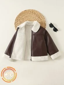 Young Boy Thermal Lined Thick Turn Collar Long Sleeve Jacket, Versatile And Comfortable - Brown - View 4