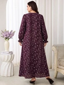Al Najma Plus Size Women's Floral Pattern Button Design Pocket Arabian Dress - Burgundy - View 2
