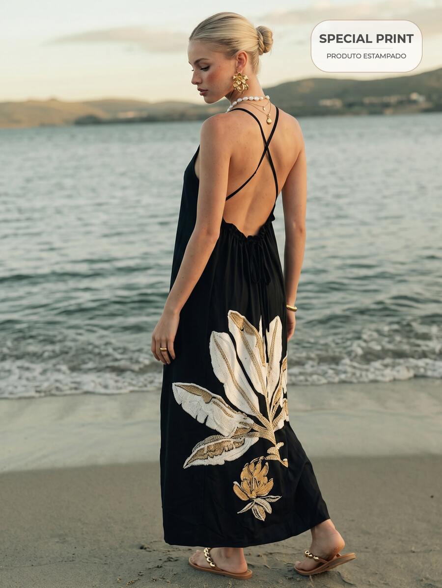 CAJUNI Chic Vacation Golden Palm Embroidery Elegant Open Back Maxi Dress - Black - View 1