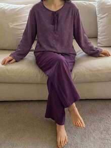 DAZY 2pcs/Set Women's Pajama Set With Bow Pattern All-Over Print Long Sleeve Top And Solid Color Straight Leg Long Pants - Purple - View 4