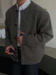 DAZY Cardigan Leher Bulat Musim Gugur/Dingin Warna Abu-abu Gelap Gaya Korea untuk Pria - Dark Grey - View 7