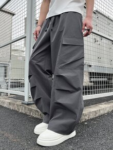 Manfinity Roghcode 男士休閒抽繩腰工裝長褲，附口袋 - 深灰色 - 查看 4