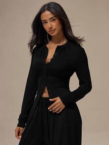 MUSERA ESSENTIALS Marl Grey Button Up Front Placket Crew Neckline Fitted Long Sleeve Slim Fit Top Basics Loungewear Casual Everyday Essentials - Black - View 3
