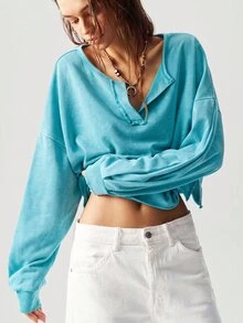 Bohemela 女款休閒純色V領長袖寬鬆套頭運動衫，秋冬款 - 薄荷藍 - 查看 6