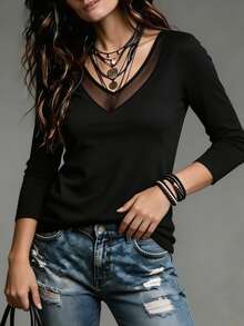 SHEIN Tall Fashion Women's V-Neck Sheer Mesh Patchwork Long Sleeve Black Fitted Top - Black - View 6