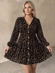Auralis Gaun Kasual Retro Motif Leopard Leher V Lengan Panjang, Ukuran Besar, Cocok untuk Musim Semi/Gugur, Pesta, Kencan Musim Gugur - MultiWarna - View 6