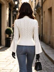 Wandoria Women's Autumn/Winter Vintage Cable Knit Pearl Decor Slim Fit Sweater Top - Beige - View 2