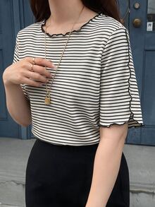 Dazy Plus Striped Loose Casual Short Sleeve Versatile Spring/Summer New T-Shirt - Black and White - View 3