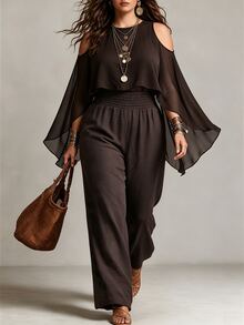 Linhara CURVE Women's Plus Size Autumn Cold Shoulder Chiffon Patchwork Top With Flutter Sleeves And Cable-Knit Elastic Waist Wide Leg Pants, Loose Drapey Mature Style Party & Commute Set - Coffee Brown - View 3