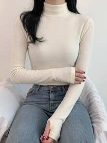 DAZY 女款純色休閒百搭日常穿著長袖T恤 - 杏色 - 查看 6