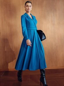 MOTF PREMIUM WOMEN'S BLUE COMMUTER SPLIT DESIGN SPROUT TRIM ELEGANT MID-LENGTH DRESS - Blue - View 6