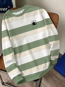 Tween Boy Casual Fashion Crew Neck Long Sleeve Sweatshirt, Suitable For Autumn/Winter, Classic Retro Striped Pattern Print, Cool Cat Logo Graphic Print - Multicolor - View 5