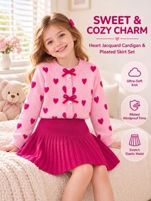 SHEIN Bộ len dệt kim áo tay dài và chân váy họa tiết trái tim cho bé gái mùa đông - Màu Hồng Tươi - Xem 8