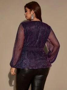 Auvina Plus Size Women's Overlap V-Neck Long Sleeve Cinched Waist A-Line Elegant Party Blouse Top - Purple - View 2