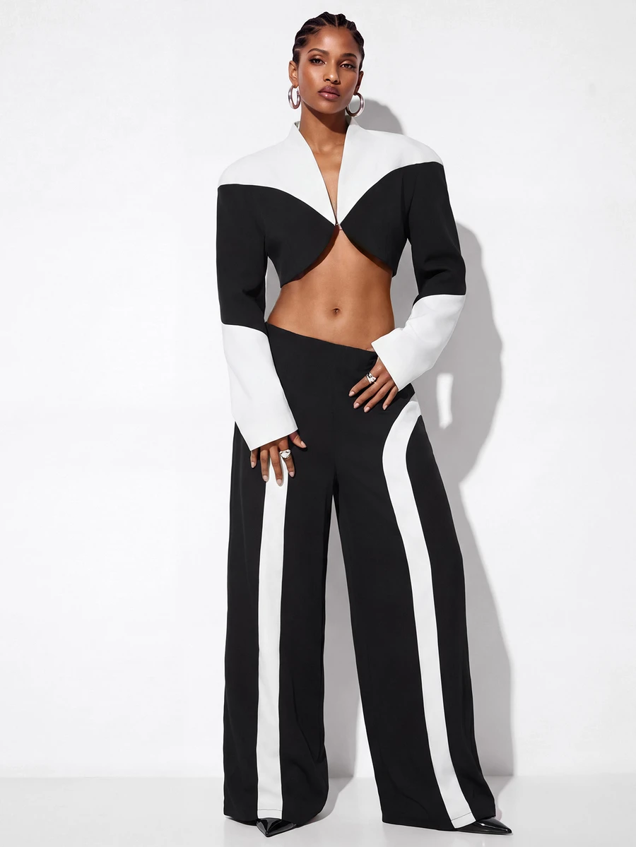Aveloria GENKIRA Fall Black And White Contrast Color Asymmetrical Design Cropped Stand Collar Curved Hem Loose Wide Shoulder Silhouette Blazer Jacket Women's Suit Set