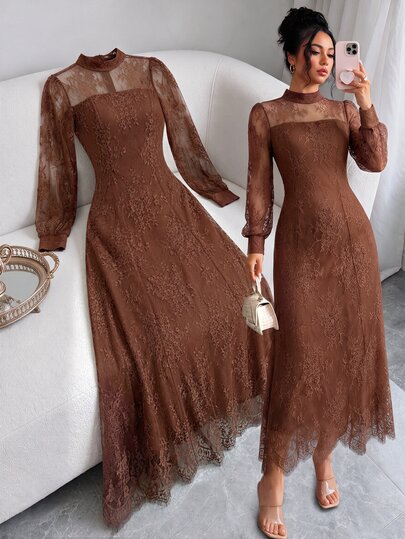 Elenzga Gaun Panjang Wanita Model Pas Badan Berkerah Semi-Tinggi Warna Cokelat Maillard untuk Musim Gugur/Dingin, Lengan Panjang Mengembang, Gaun Panjang Berenda Penuh yang Menawan