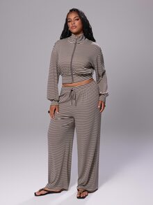 Rustia Plus Size Women's Autumn/Winter Stand Collar Open Front Zipper Striped Contrast Color Long Sleeve Knit Elastic Elegant French Casual Vacation Home Sports Brown Coffee 2 Pieces Set - Multicolor - View 7