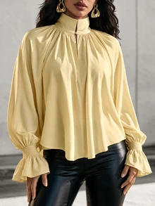 Eryvara Women's Fashionable Elegant Solid Color Ruffle Asymmetric Hem Blouse, Suitable For Vacation, Autumn Brunch, Beach Garden Party And Other Occasions, Light Yellow Tone. - Yellow - View 8