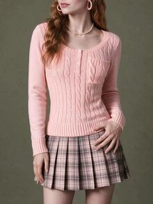 Elnivra Women's Button Half-Placket Long Sleeve Pocket Cable Knit Pullover Sweater - Pink - View 4