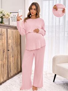 Slowluna Maternity Solid Color Nursing Long Sleeve Top And Adjustable Waist Long Pants Casual 2 Pieces Set - Pink - View 7