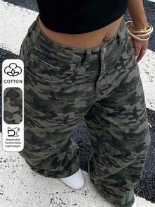 Livesso Dazy Plus 大尺碼女款豹紋印花寬鬆街頭風長版牛仔褲，四季皆宜 - 軍綠色 - 查看 1