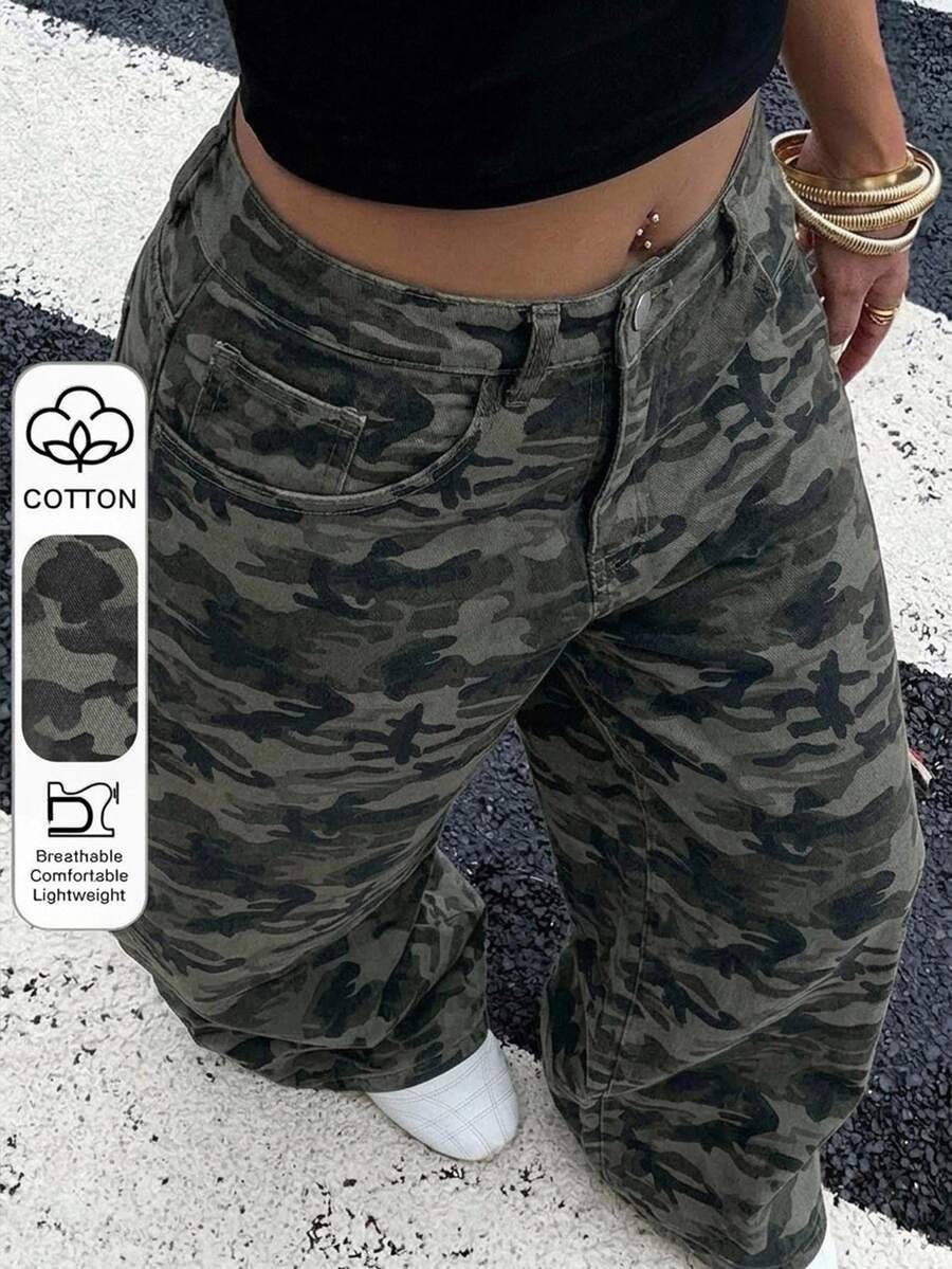 Livesso Dazy Plus 大尺碼女款豹紋印花寬鬆街頭風長版牛仔褲,四季皆宜 - 軍綠色 - 查看 1